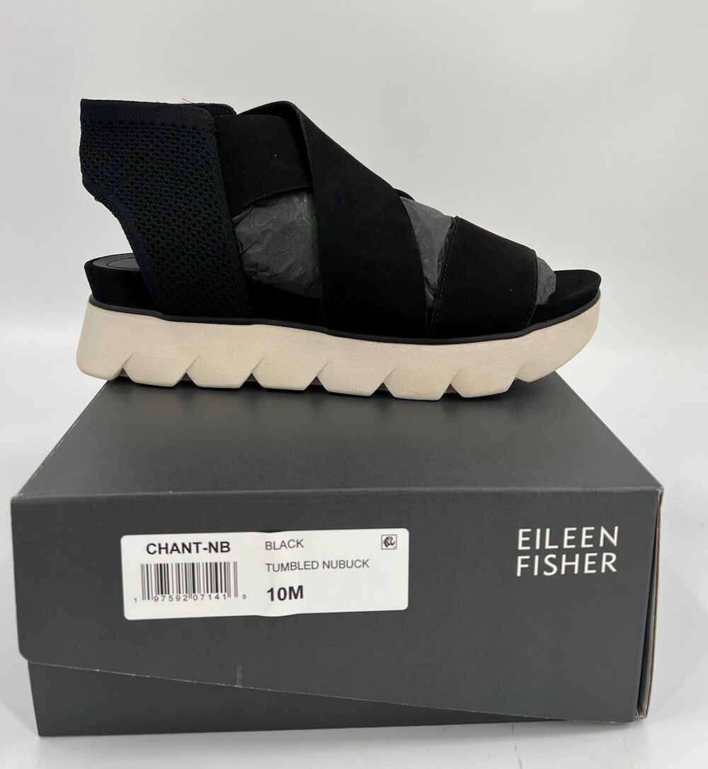 Eileen Fisher Womens Chant Sandals Sport Strappy Black Leather Platform Size 10